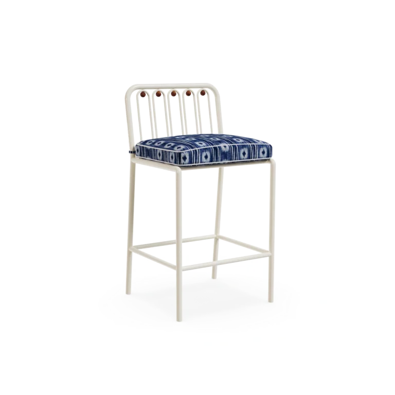 Ostuni Bar Chair by Mediterrazza, Outdoor Bar Chair in Lacquered Metal, Fabric, Cord. Lifestyle front view set in a bespoke Mediterranean outdoor living space.