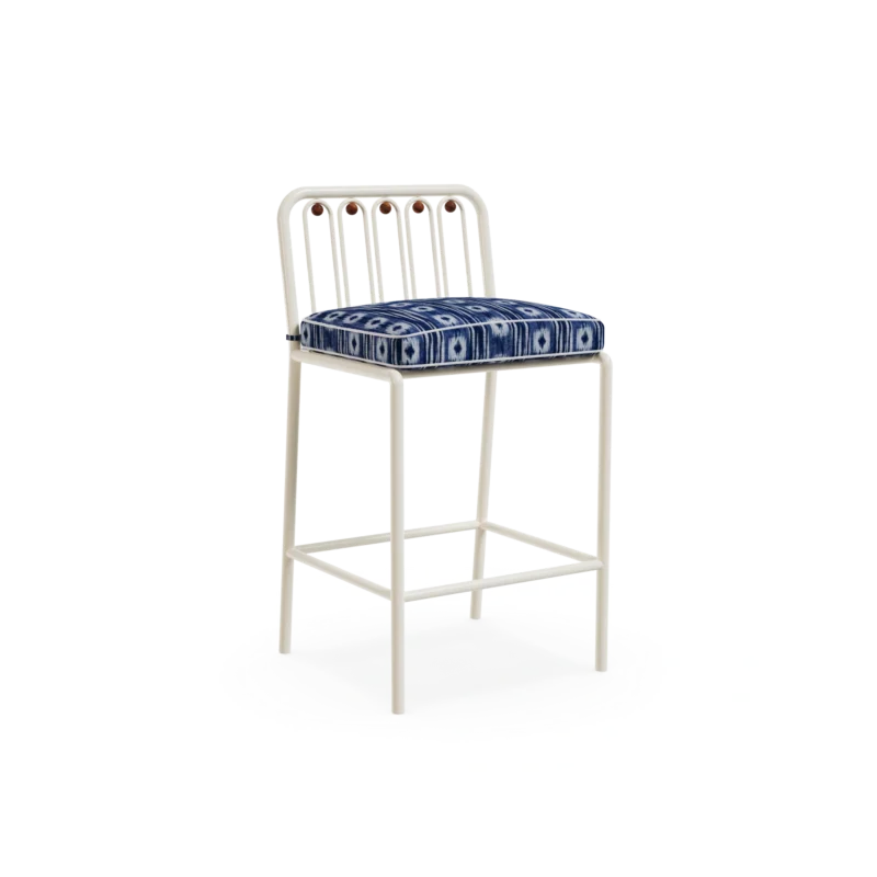 Ostuni Bar Chair by Mediterrazza, Outdoor Bar Chair in Lacquered Metal, Fabric, Cord. Lifestyle front view set in a bespoke Mediterranean outdoor living space.