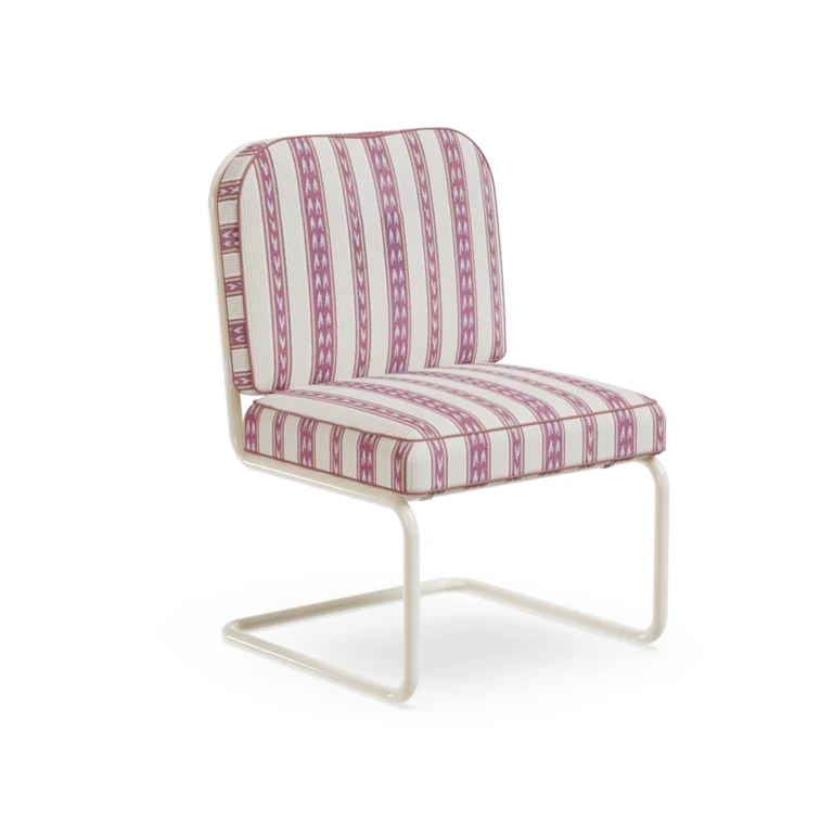 Ostuni Dining Chair by Mediterrazza, Outdoor Dining Chair in Lacquered Metal, Fabric, Cord. Lifestyle front view set in a bespoke Mediterranean outdoor living space.