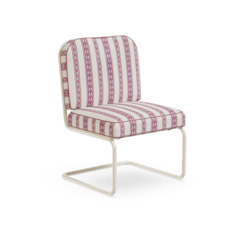 Ostuni Dining Chair by Mediterrazza, Outdoor Dining Chair in Lacquered Metal, Fabric, Cord. Lifestyle front view set in a bespoke Mediterranean outdoor living space.