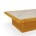 Palau table by Mediterrazza, luxury outdoor coffee table with a handcrafted ribbed wood structure and large-format textured tile top.