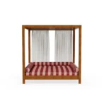 Front view of the Paraggi double sunbed by Mediterrazza in iroko wood, featuring striped fabric cushions and a spacious double-seated design.