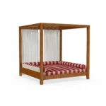 Paraggi double sunbed by Mediterrazza seen from the front, showcasing its handcrafted wooden frame and elegant Mediterranean striped upholstery.