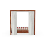 Back view of the Paraggi double sunbed by Mediterrazza in iroko wood, featuring striped fabric cushions and a spacious double-seated design.