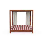 Front view of the Paraggi double sunbed by Mediterrazza in iroko wood, featuring striped fabric cushions and a spacious double-seated design.