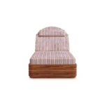 A forward-facing look at the Paros lounger, where the natural wood grain complements the coastal blue and white striped fabric.