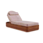 Front view of the Paros sunbed by Mediterrazza in iroko wood, featuring a bohemian ribbed base and striped cushions with refined piping.