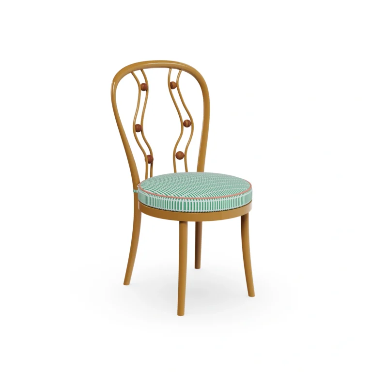 Polignano Dining Chair by Mediterrazza, Outdoor Dining Chair in Iroko Wood, Fabric, Cord. Lifestyle front view set in a bespoke Mediterranean outdoor living space.