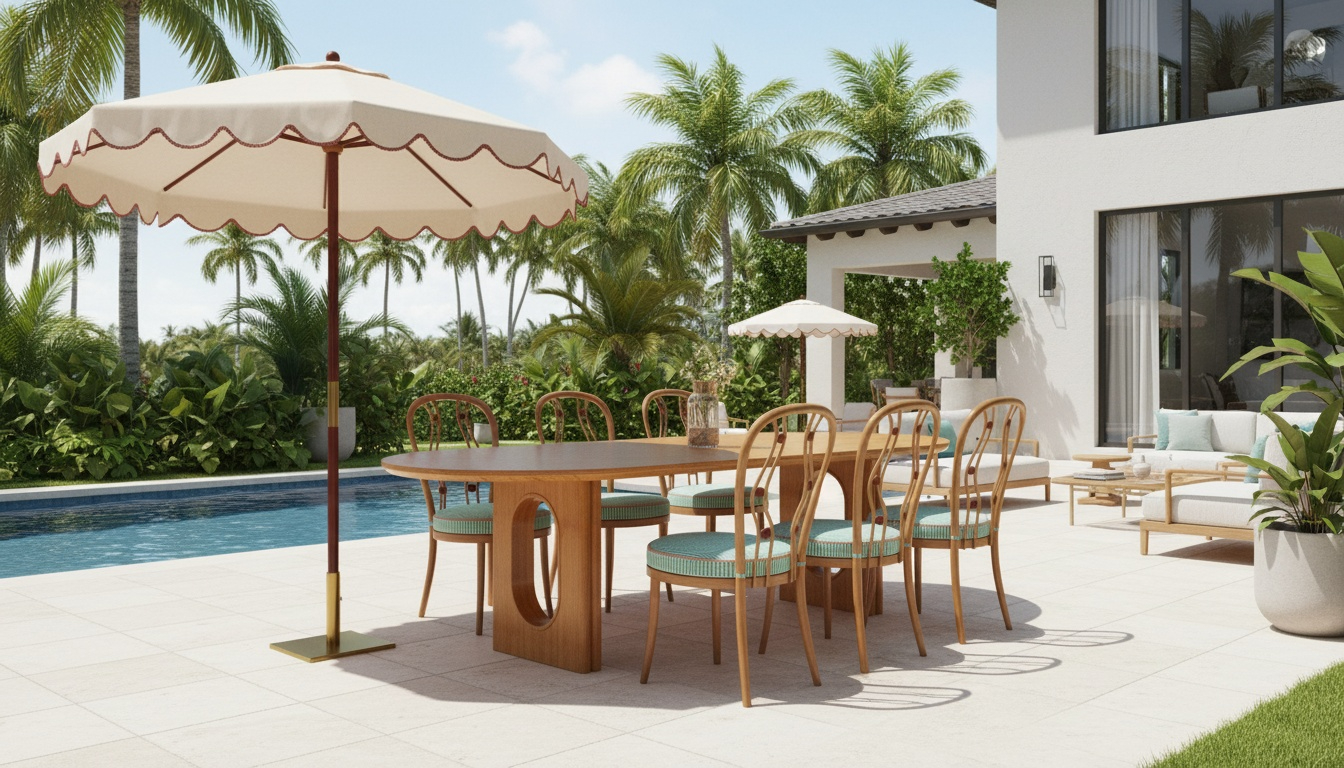Elegant outdoor dining setup with wooden chairs, poolside umbrella, and tropical landscaping by a luxury villa.