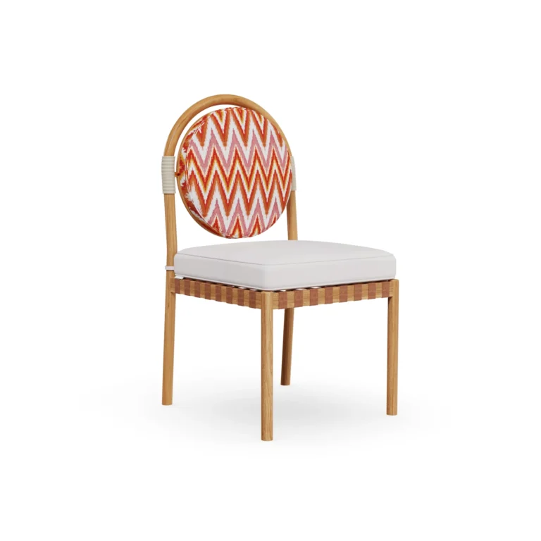 Portofino Dining Chair by Mediterrazza, Outdoor Dining Chair in Iroko Wood, Fabric, Cord. Lifestyle front view set in a bespoke Mediterranean outdoor living space.