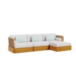 Ramatuelle Sofa by Mediterrazza, Outdoor Sofa in Iroko Wood, Fabric, Cord. Lifestyle front view set in a bespoke Mediterranean outdoor living space.