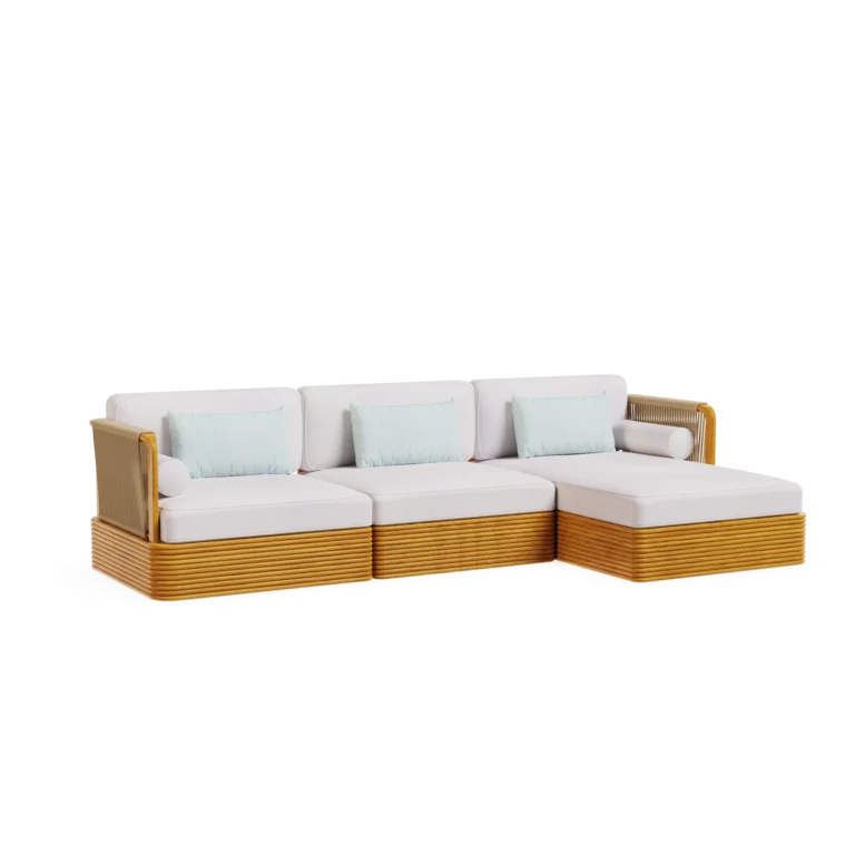 Ramatuelle Sofa by Mediterrazza, Outdoor Sofa in Iroko Wood, Fabric, Cord. Lifestyle front view set in a bespoke Mediterranean outdoor living space.