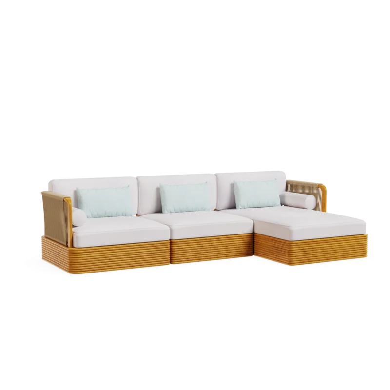 Ramatuelle Sofa by Mediterrazza, Outdoor Sofa in Iroko Wood, Fabric, Cord. Lifestyle front view set in a bespoke Mediterranean outdoor living space.