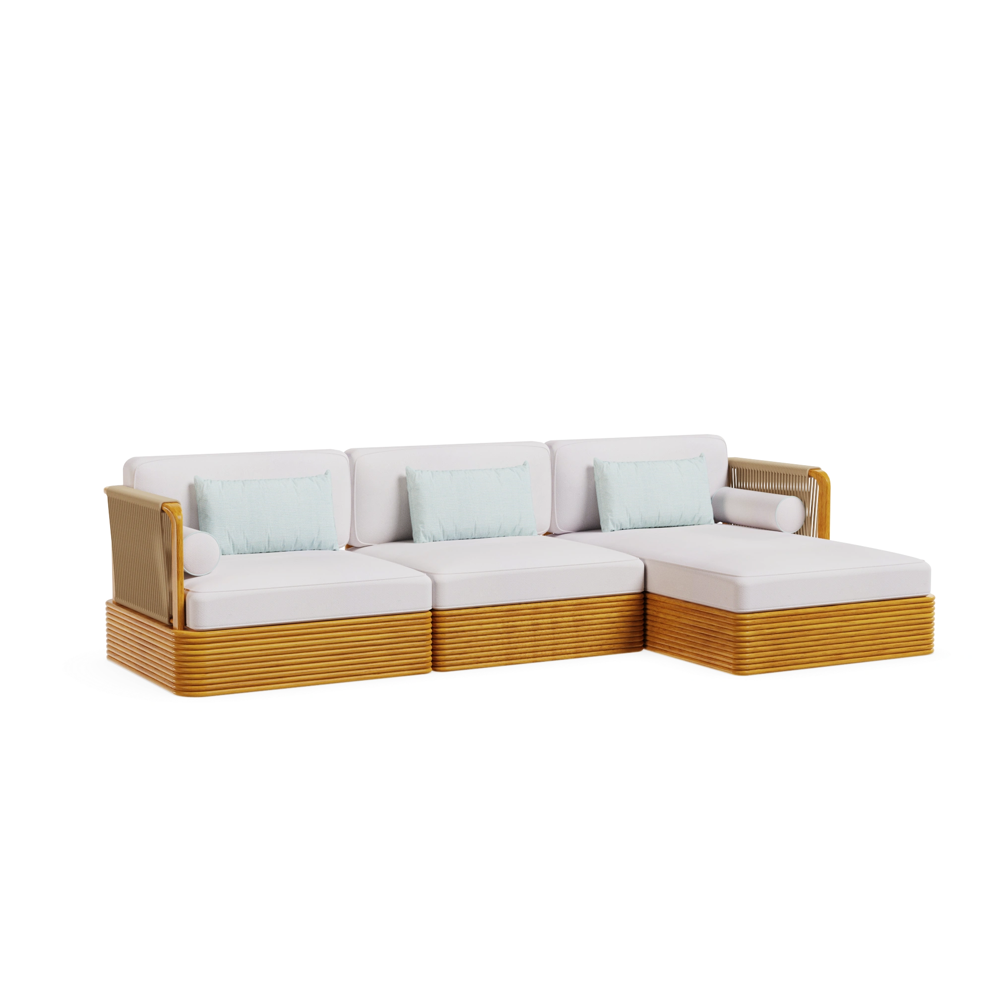 ramatuelle-sofa-front-view-2-mediterrazza Ramatuelle Sofa by Mediterrazza, Outdoor Sofa in Iroko Wood, Fabric, Cord. Lifestyle front view set in a bespoke Mediterranean outdoor living space.