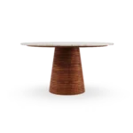 A forward look at the Ravello table, showcasing its bohemian-inspired wooden structure and the smooth, neutral-toned stone surface.