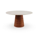 Ravello dining table by Mediterrazza, featuring a handcrafted iroko wood base and an elegant, thick travertine stone top.