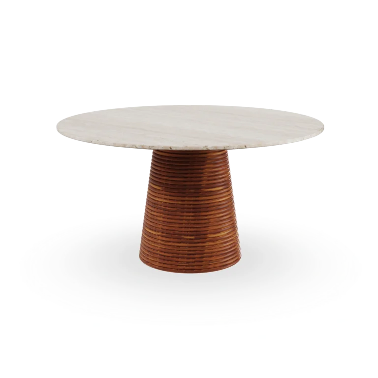 Ravello dining table by Mediterrazza, featuring a handcrafted iroko wood base and an elegant, thick travertine stone top.