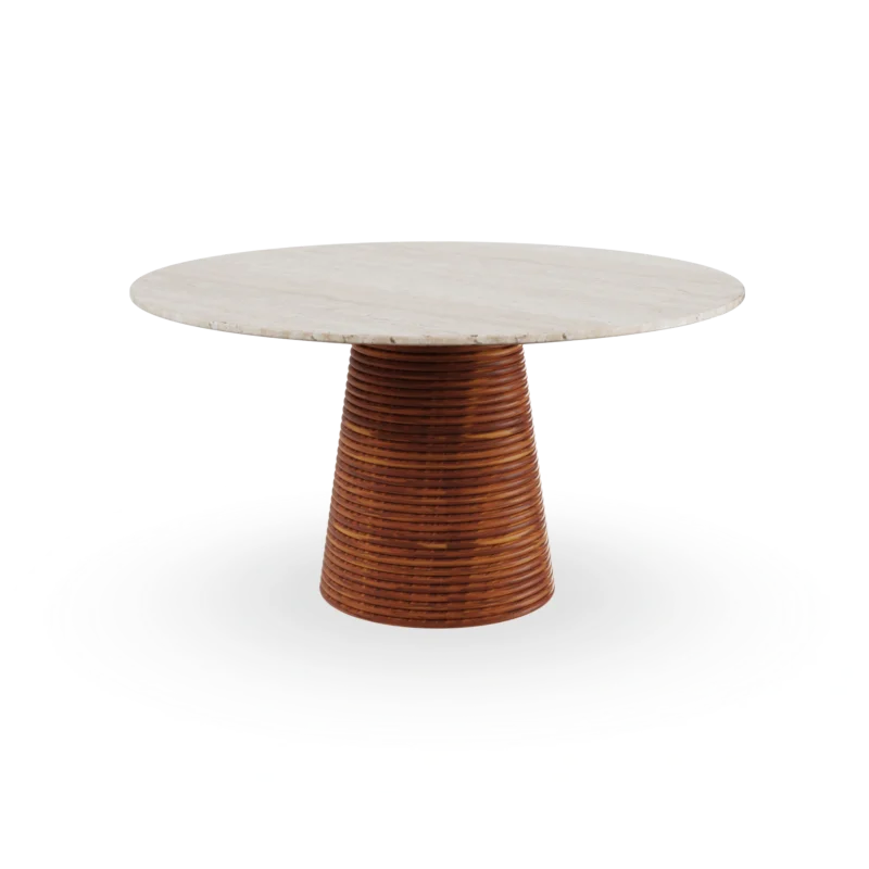 Ravello dining table by Mediterrazza, featuring a handcrafted iroko wood base and an elegant, thick travertine stone top.