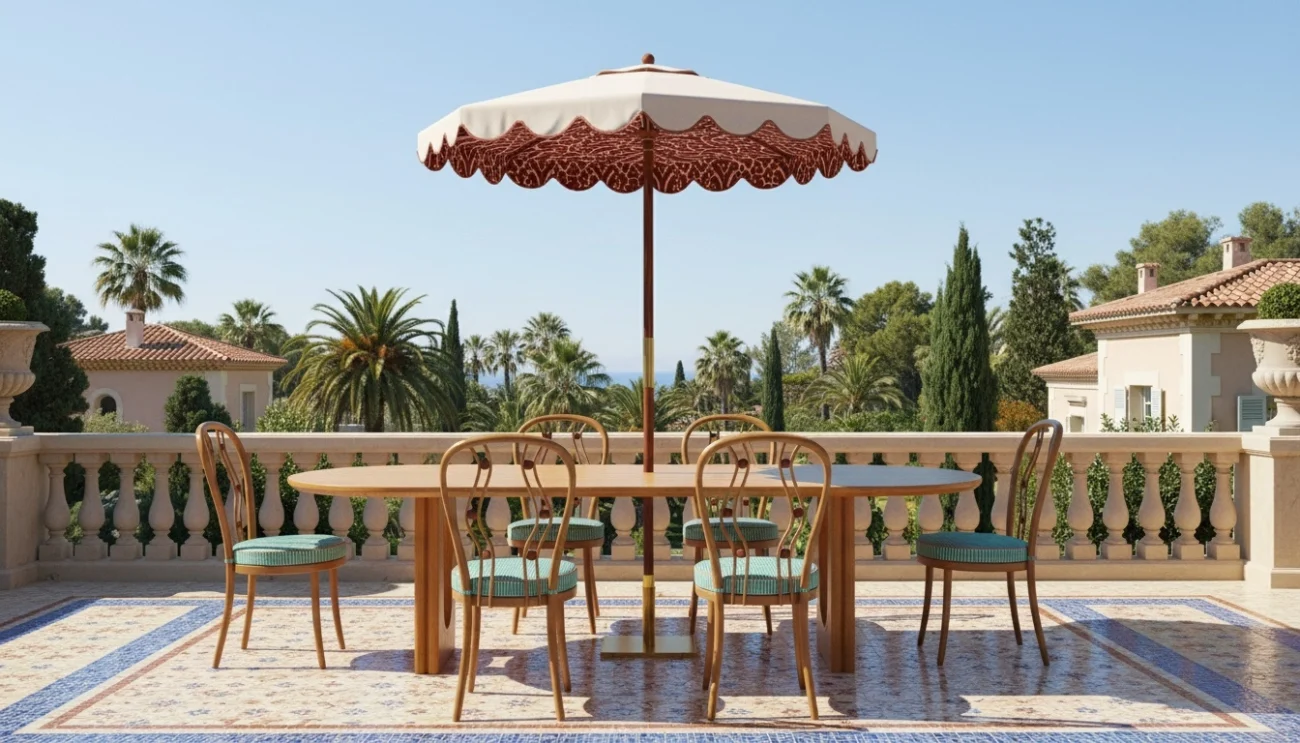 Outdoor dining table with six Polignano dining chairs, under a scalloped parasol on a Mediterranean terrace with palm trees and sea views.