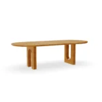 Rome oval dining table by Mediterrazza in iroko wood, featuring a sculptural base with classical Roman-inspired arched legs.
