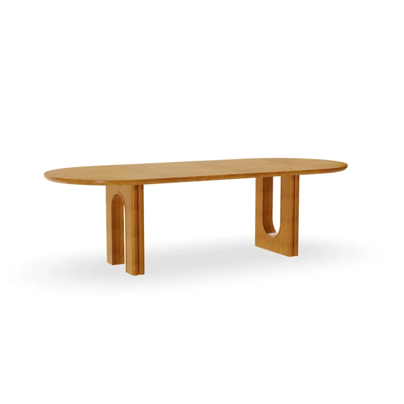 Rome oval dining table by Mediterrazza in iroko wood, featuring a sculptural base with classical Roman-inspired arched legs.
