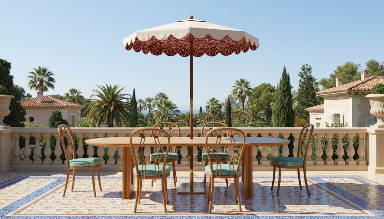 Outdoor dining table with six Polignano dining chairs, under a scalloped parasol on a Mediterranean terrace with palm trees and sea views.