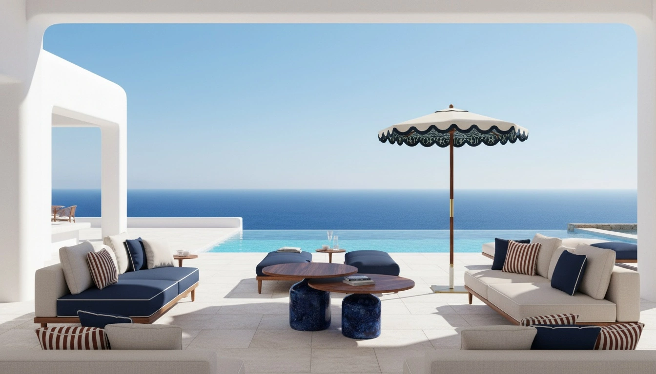 Luxury outdoor lounge overlooking an infinity pool and the sea, featuring modern cream and navy sofas with striped cushions, round wooden coffee tables with blue stone bases, and a scalloped parasol.