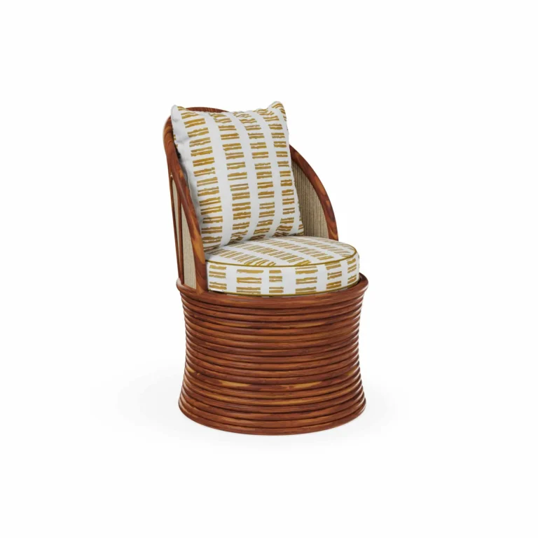 Smeralda Dining Chair by Mediterrazza, Outdoor Dining Chair in Iroko Wood, Fabric, Cord. Lifestyle front view set in a bespoke Mediterranean outdoor living space.