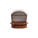 The back of the Sóller lounger, revealing the sturdy iroko frame and the smooth texture of the leather reclining support.