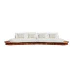 Sorrento Sofa – luxury Outdoor Sofa in Iroko Wood, Fabric, Cord by Mediterrazza. Front view showcasing sculptural silhouette and handcrafted Mediterranean design.