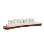 Sorrento Sofa by Mediterrazza, Outdoor Sofa in Iroko Wood, Fabric, Cord. Lifestyle front view set in a bespoke Mediterranean outdoor living space.