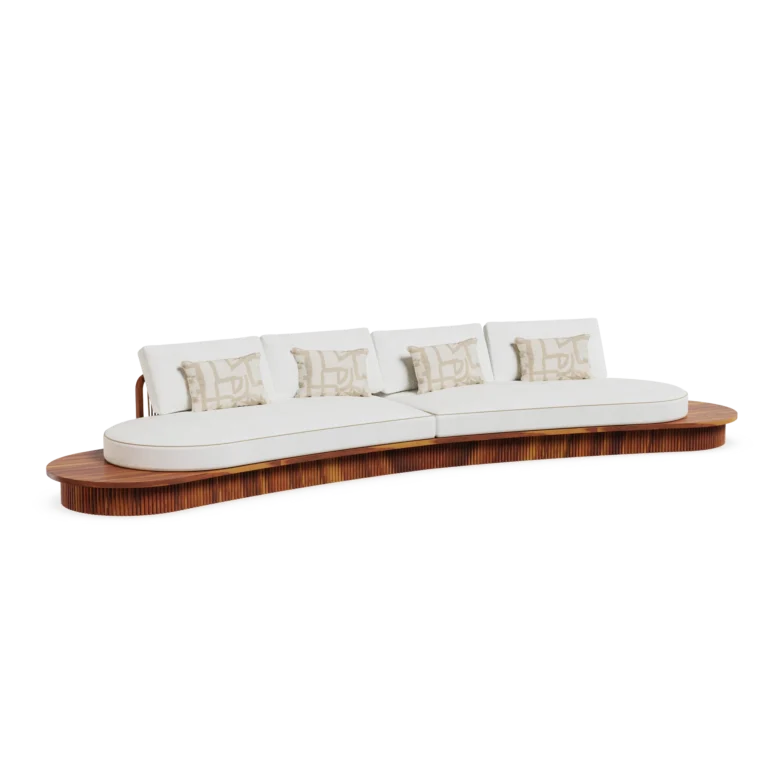 Sorrento Sofa by Mediterrazza, Outdoor Sofa in Iroko Wood, Fabric, Cord. Lifestyle front view set in a bespoke Mediterranean outdoor living space.