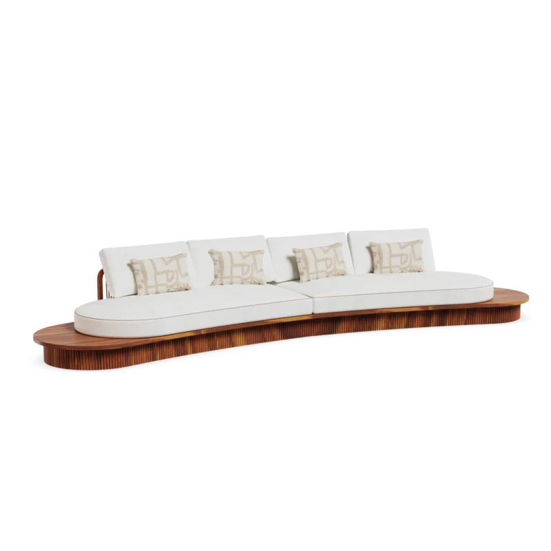 Sorrento Sofa by Mediterrazza, Outdoor Sofa in Iroko Wood, Fabric, Cord. Lifestyle front view set in a bespoke Mediterranean outdoor living space.