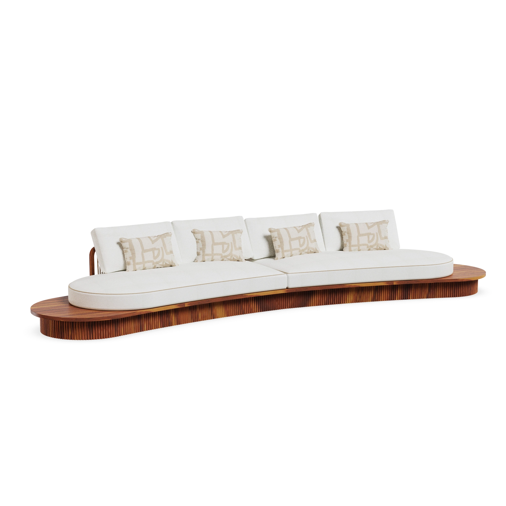 sorrento-sofa-front-view-2-mediterrazza Sorrento Sofa by Mediterrazza, Outdoor Sofa in Iroko Wood, Fabric, Cord. Lifestyle front view set in a bespoke Mediterranean outdoor living space.