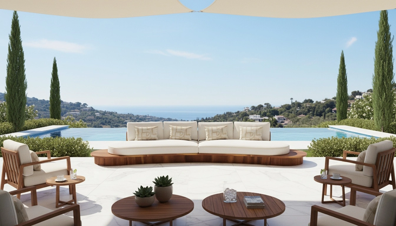 Curved luxury Sorrento outdoor sofa with cream cushions and wooden base, set on a marble terrace overlooking an infinity pool and Mediterranean hillside views.