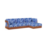 Taormina Sofa by Mediterrazza, Outdoor Sofa in Iroko Wood, Fabric, Cord. Lifestyle front view set in a bespoke Mediterranean outdoor living space.