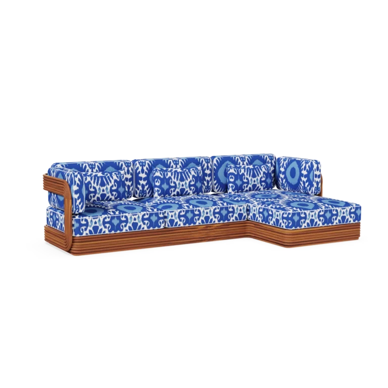 Taormina Sofa by Mediterrazza, Outdoor Sofa in Iroko Wood, Fabric, Cord. Lifestyle front view set in a bespoke Mediterranean outdoor living space.