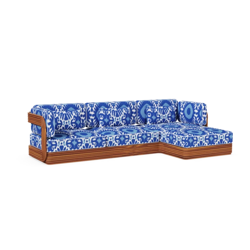 Taormina Sofa by Mediterrazza, Outdoor Sofa in Iroko Wood, Fabric, Cord. Lifestyle front view set in a bespoke Mediterranean outdoor living space.