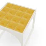 Tosalet table by Mediterrazza, outdoor side table with a minimalist metal base and a colorful handcrafted ceramic surface.