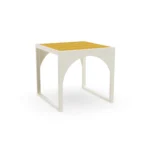 Tosalet side table by Mediterrazza in lacquered metal and glazed ceramic, featuring clean architectural lines and a vibrant top.