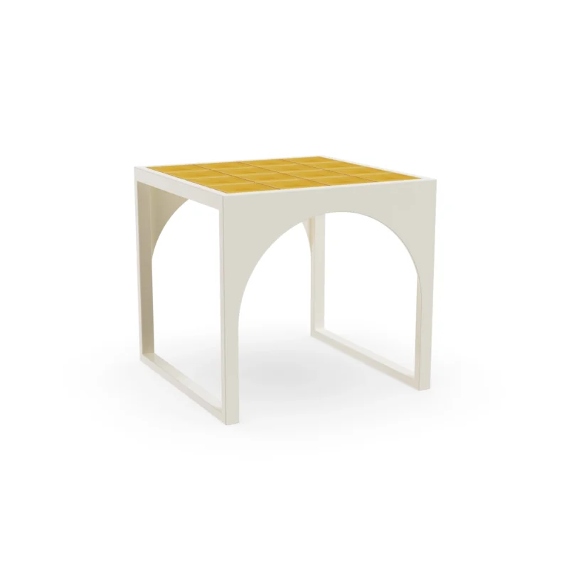 Tosalet side table by Mediterrazza in lacquered metal and glazed ceramic, featuring clean architectural lines and a vibrant top.