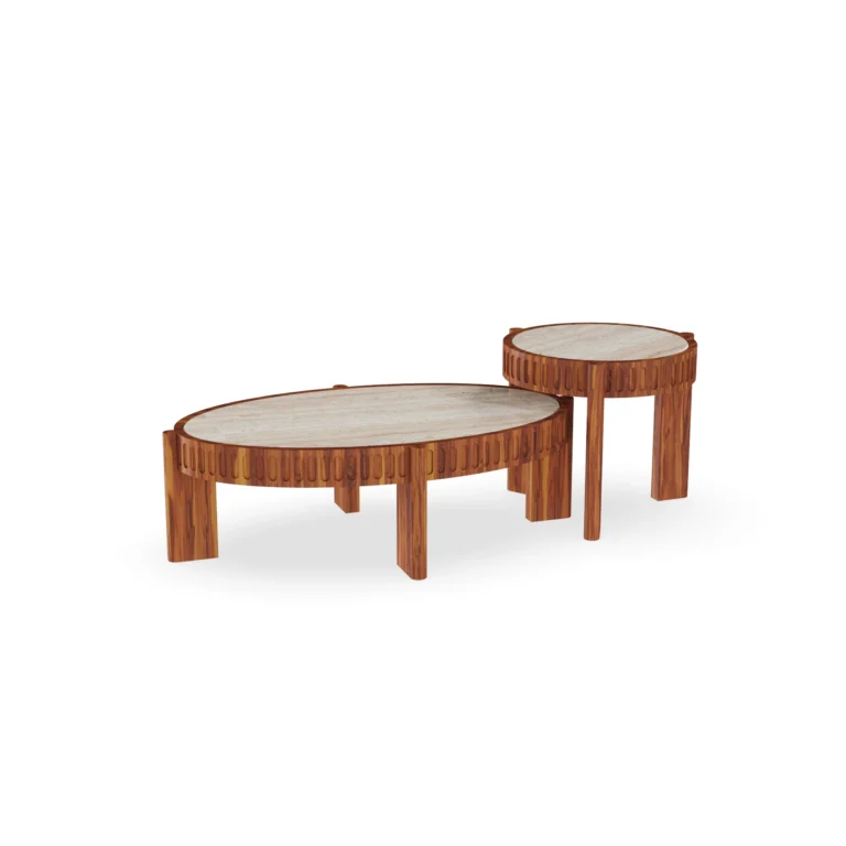 Trapani side table by Mediterrazza in iroko and travertine, featuring a carved wooden base and a sophisticated stone-top modular design.