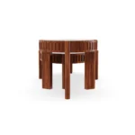 Trapani side table by Mediterrazza in iroko and travertine, featuring a carved wooden base and a sophisticated stone-top modular design.