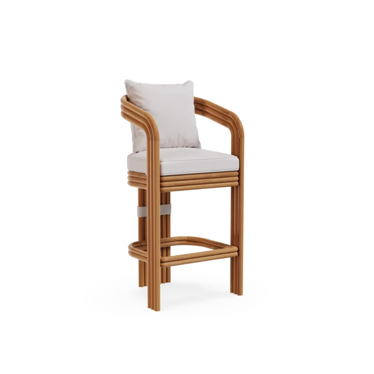 Tropea Bar Chair by Mediterrazza, Outdoor Bar Chair in Lacquered Metal, Fabric, Cord. Lifestyle front view set in a bespoke Mediterranean outdoor living space.