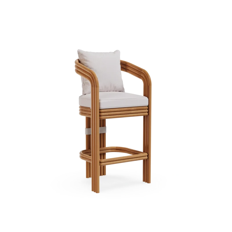 Tropea Bar Chair by Mediterrazza, Outdoor Bar Chair in Lacquered Metal, Fabric, Cord. Lifestyle front view set in a bespoke Mediterranean outdoor living space.