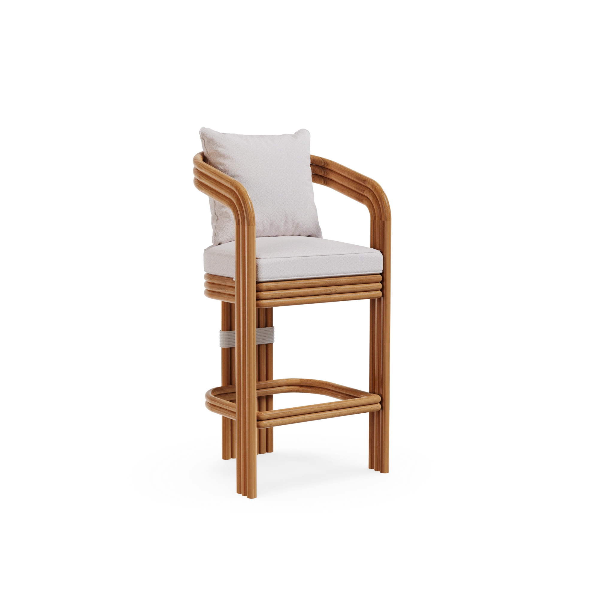 tropea-bar-chair-front-view-2-mediterrazza Tropea Bar Chair by Mediterrazza, Outdoor Bar Chair in Lacquered Metal, Fabric, Cord. Lifestyle front view set in a bespoke Mediterranean outdoor living space.