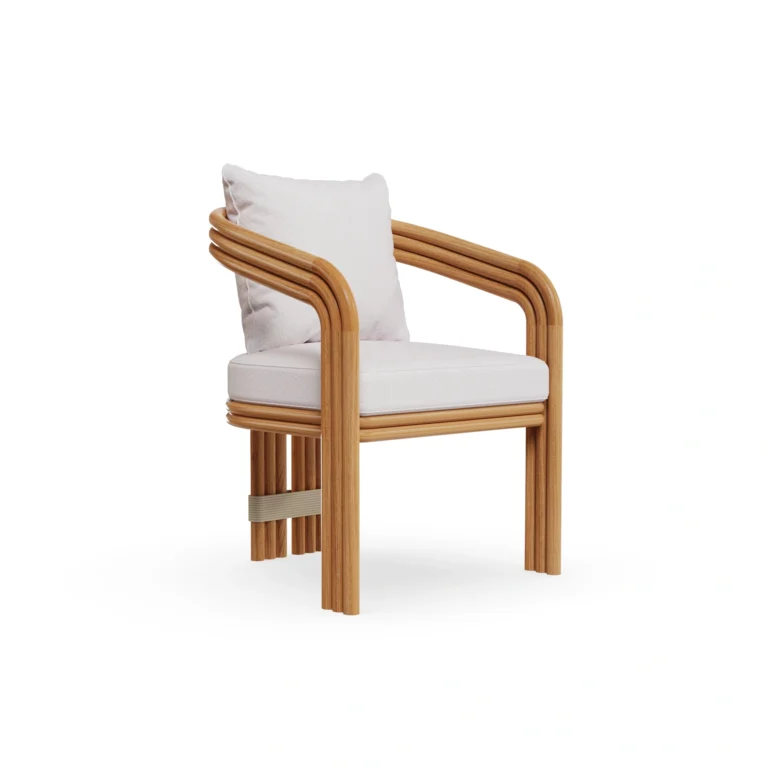 Tropea Dining Chair by Mediterrazza, Outdoor Dining Chair in Lacquered Metal, Fabric, Cord. Lifestyle front view set in a bespoke Mediterranean outdoor living space.