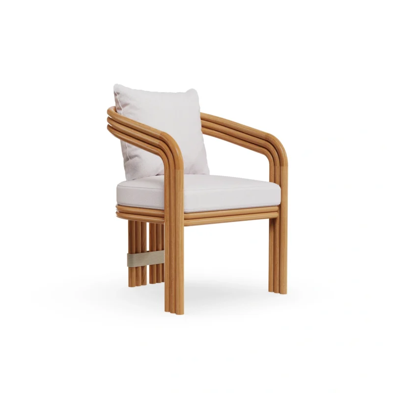 Tropea Dining Chair by Mediterrazza, Outdoor Dining Chair in Lacquered Metal, Fabric, Cord. Lifestyle front view set in a bespoke Mediterranean outdoor living space.