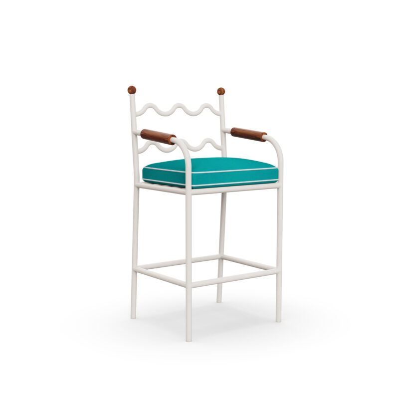 Valldemossa Bar Chair by Mediterrazza, Outdoor Bar Chair in Lacquered Metal, Synthetic Leather, Cord. Lifestyle front view set in a bespoke Mediterranean outdoor living space.