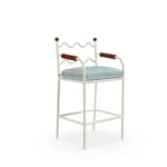 Valldemossa Bar Chair by Mediterrazza, Outdoor Bar Chair in Lacquered Metal, Synthetic Leather, Cord. Lifestyle front view set in a bespoke Mediterranean outdoor living space.